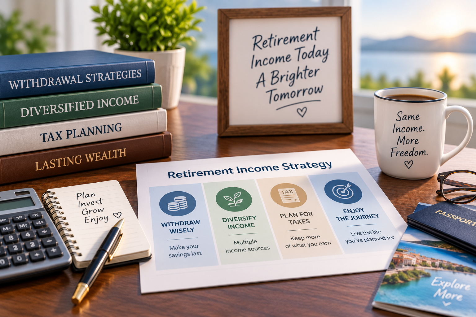 Retirement income planning workspace with withdrawal, tax, and diversification materials representing a sustainable retirement income strategy.
