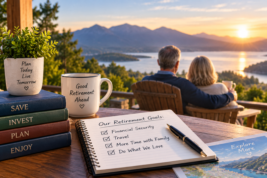 Retired couple overlooking a peaceful mountain lake with retirement planning materials, representing financial security and a fulfilling retirement.