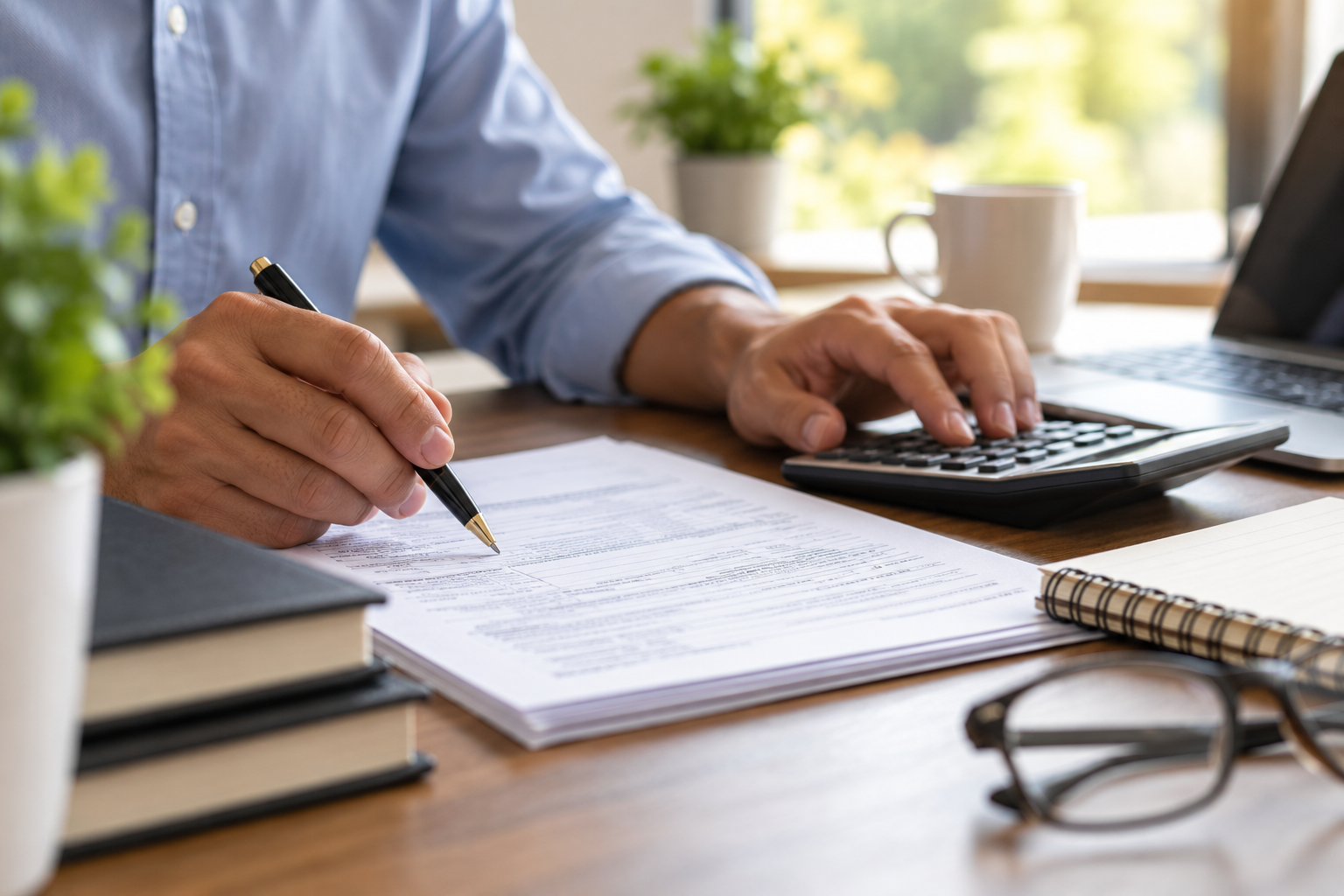 Individual reviewing financial documents with a calculator, representing tax planning and strategies for minimizing tax liabilities.