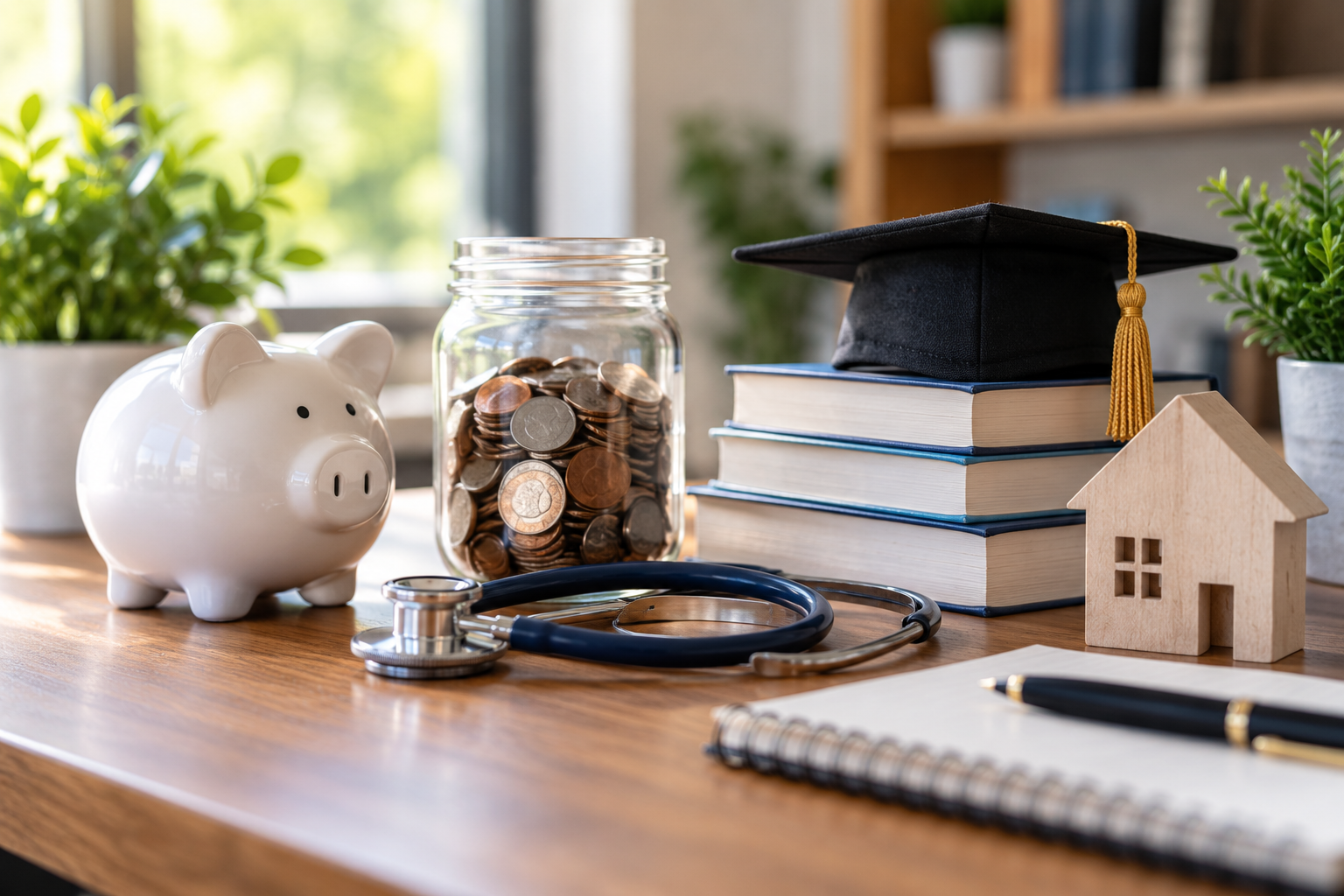 Piggy bank, savings jar, stethoscope, graduation cap, and home model representing tax-advantaged savings for healthcare, education, and long-term goals.