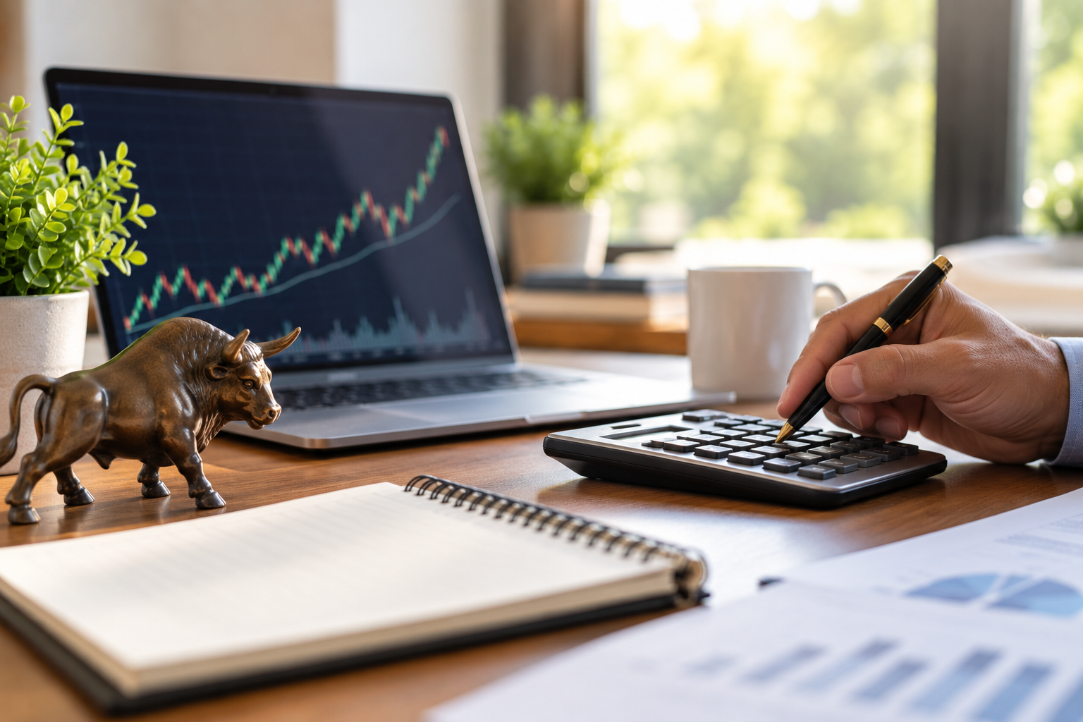 Investor using a calculator beside market information, representing capital gains, investment returns, and tax planning.