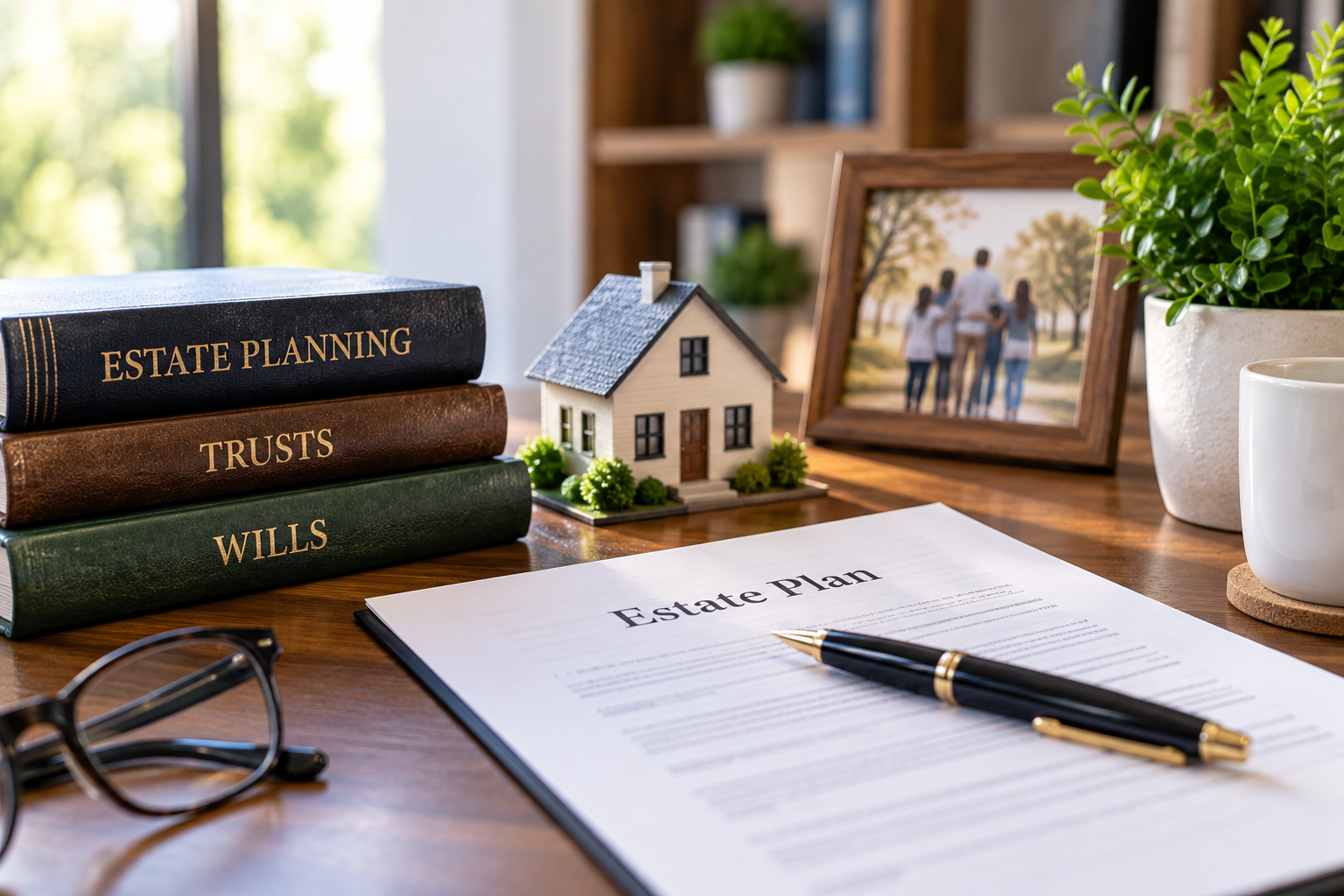 Estate planning documents, home model, and family photograph representing trusts, wills, wealth transfer, and family legacy planning.