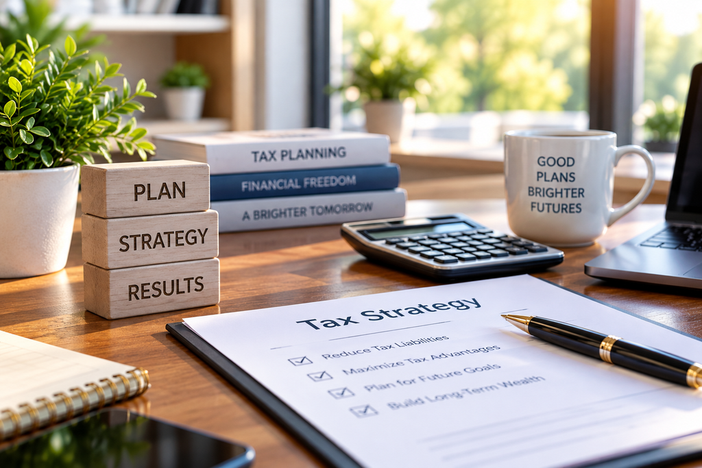 Tax planning workspace with calculator, financial documents, and planning materials representing strategies to reduce taxes and build long-term wealth.