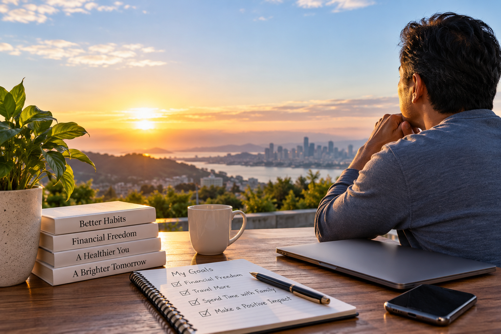 Financial planning workspace representing disciplined habits, goal setting, and consistent actions for long-term wealth building.