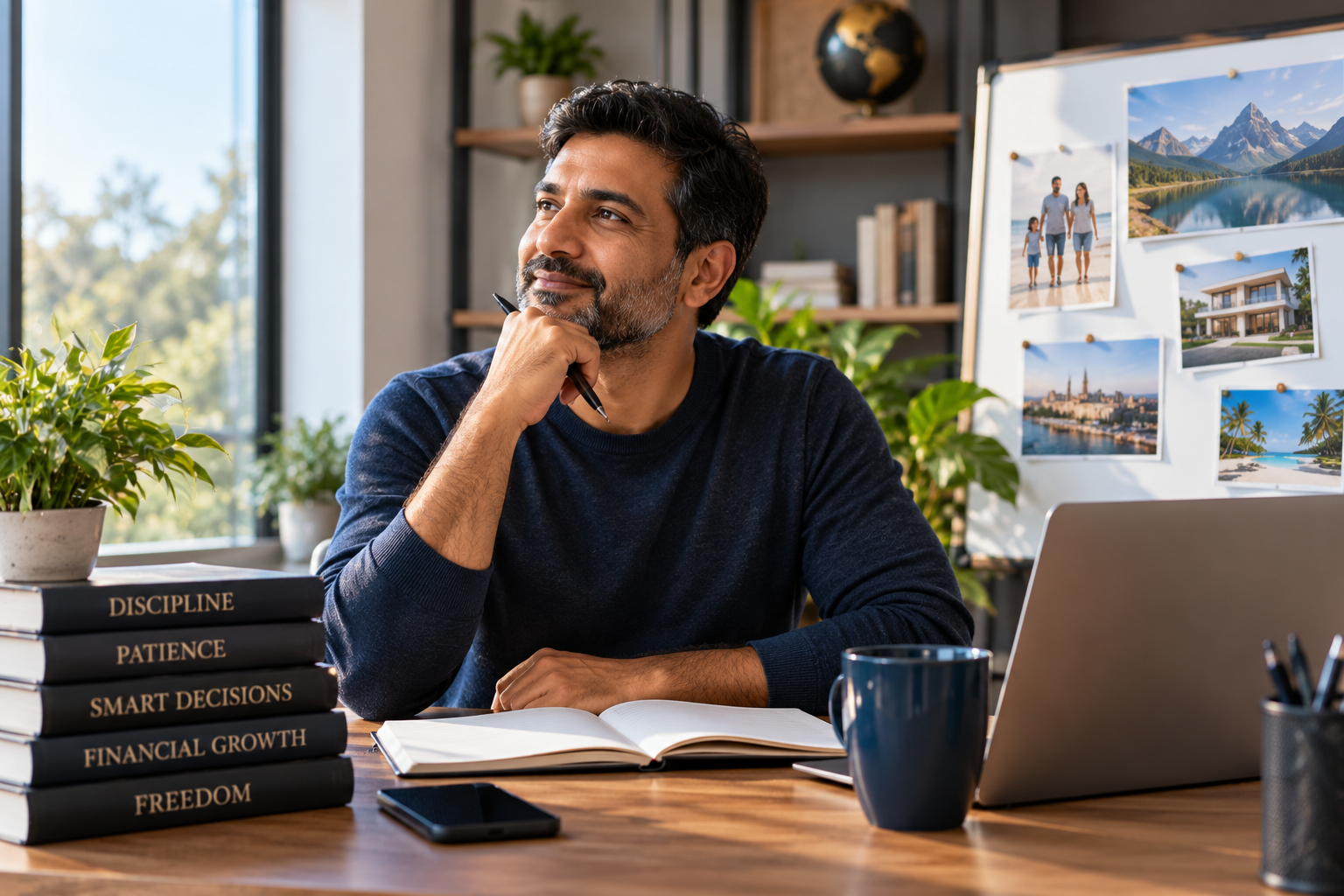 Person reviewing financial goals and planning materials, representing a disciplined mindset, long-term thinking, and positive money habits.