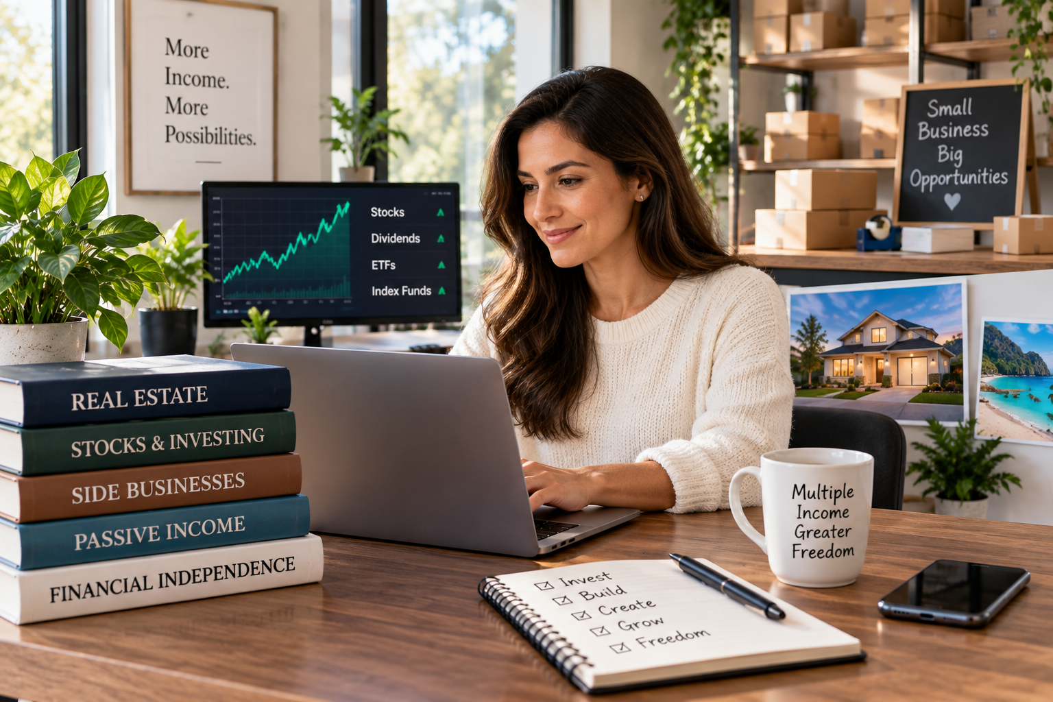 Woman working from a home office with visual elements representing investing, real estate, and a small business as multiple sources of income.