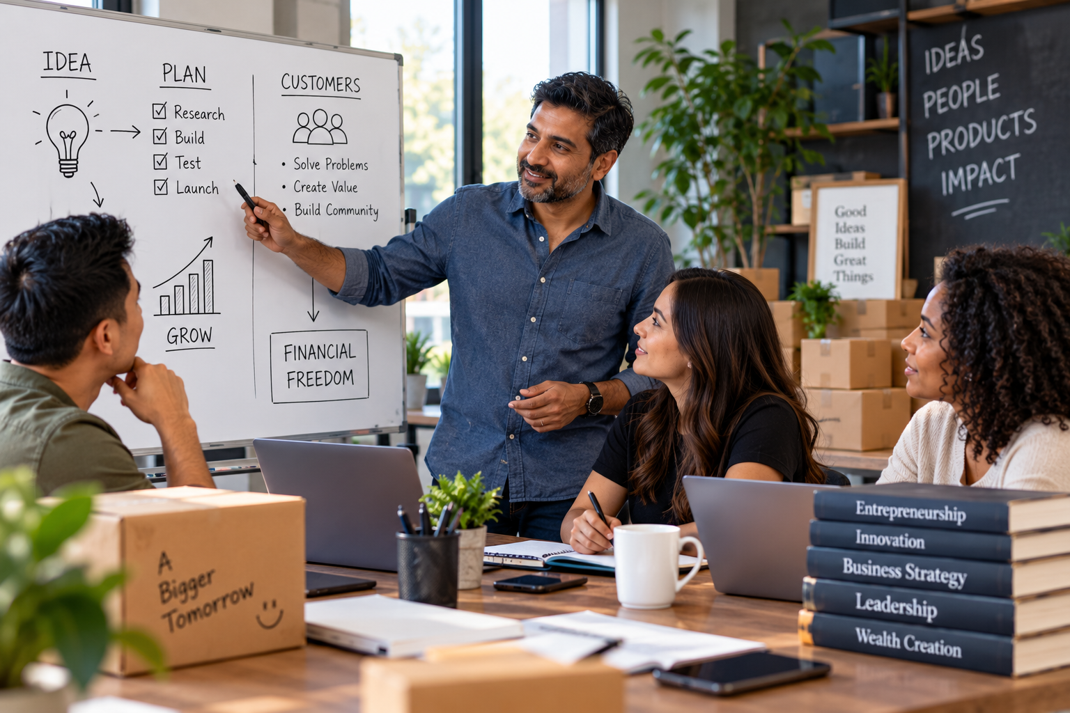 Diverse team collaborating on a business plan in a modern workspace, representing entrepreneurship, innovation, and business growth.