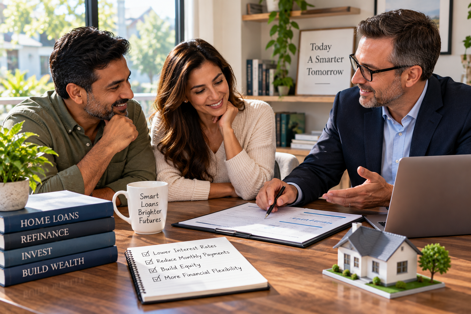 Couple reviewing financing documents with a financial professional, representing responsible use of credit, loans, and leverage for wealth building.