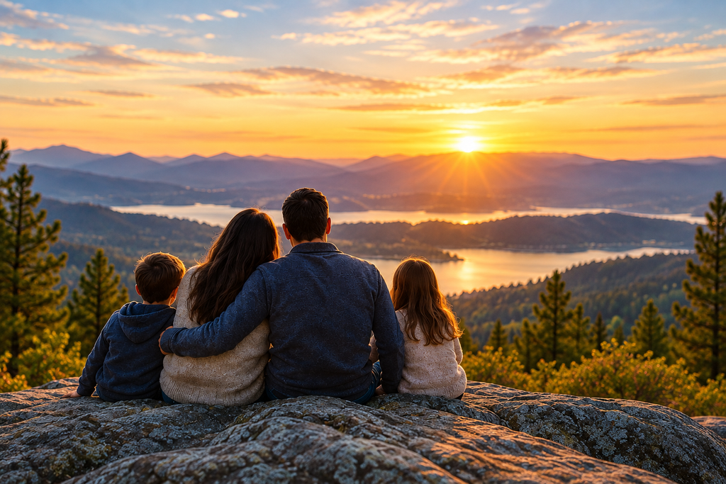 Family overlooking a mountain lake at sunset, representing financial protection, security, and planning for life’s uncertainties.