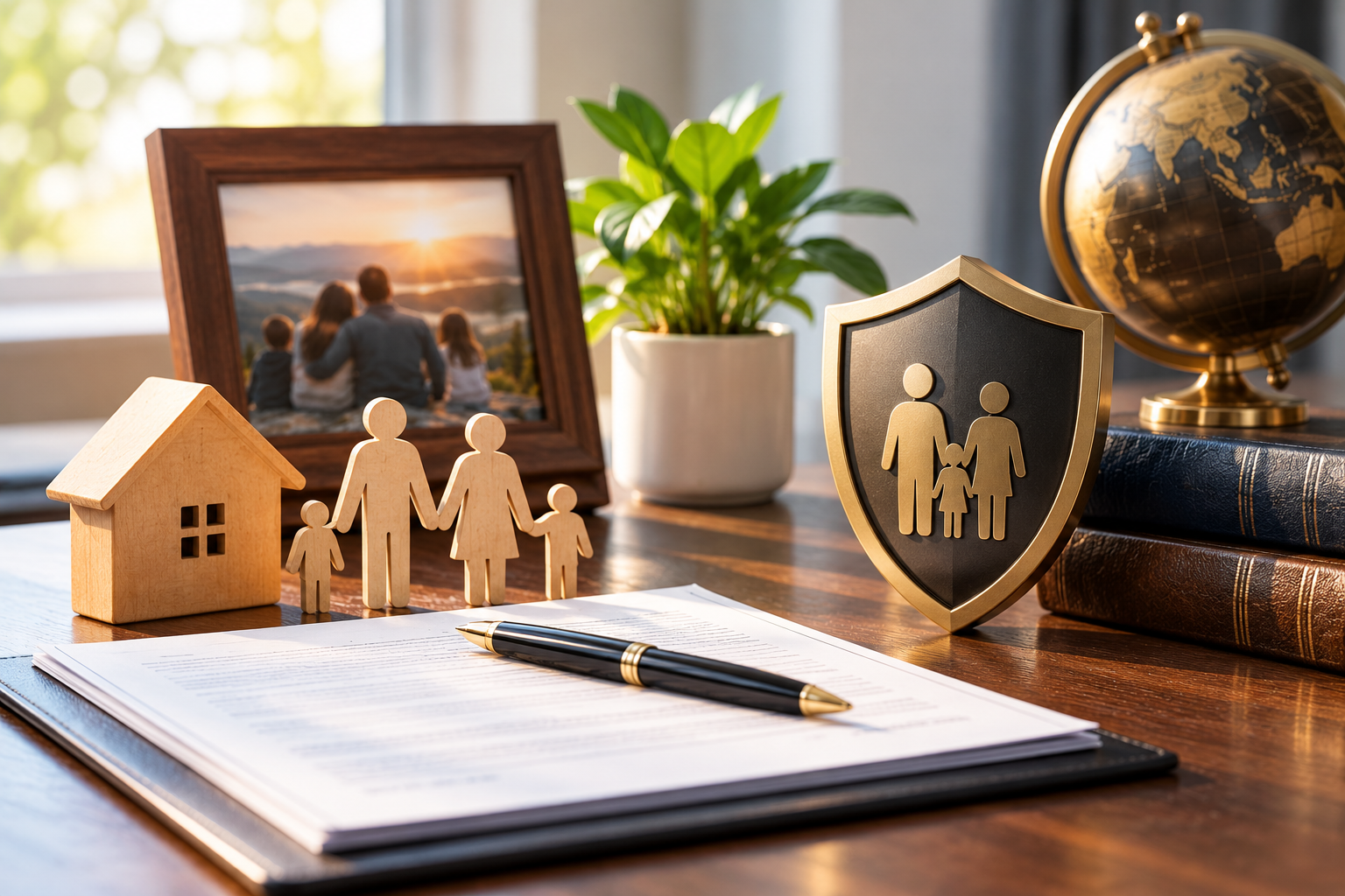 Family figurines, home, protective shield, and planning documents representing life insurance, estate planning, and protecting loved ones.