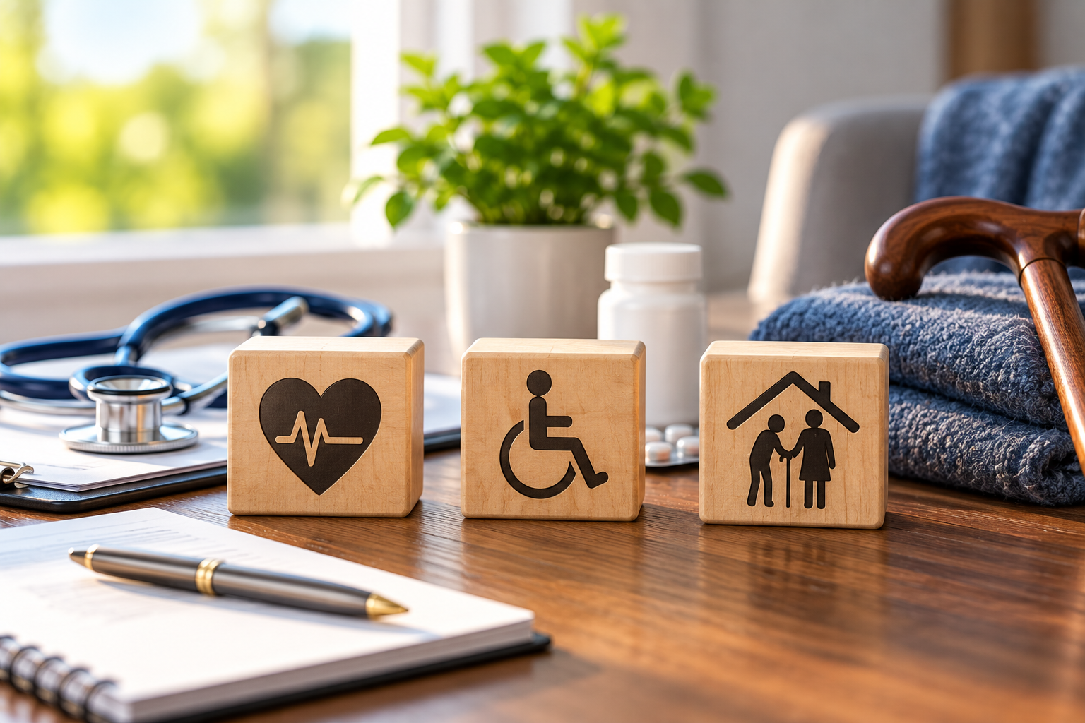 Healthcare, disability, and long-term care symbols with a stethoscope and mobility aids representing insurance protection against health and care-related financial risks.