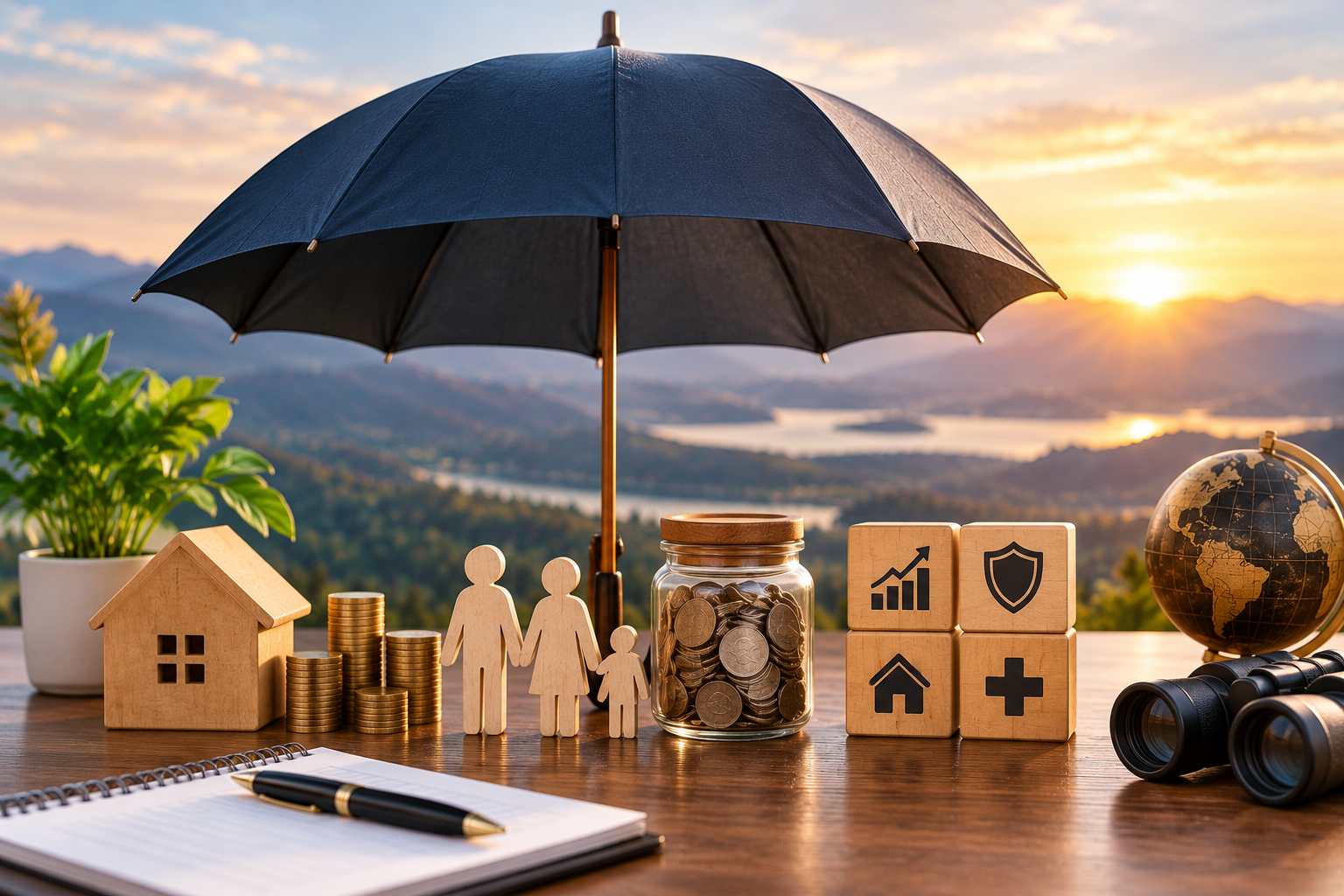 Umbrella protecting a home, family, savings, and financial assets, representing risk management and long-term wealth protection.