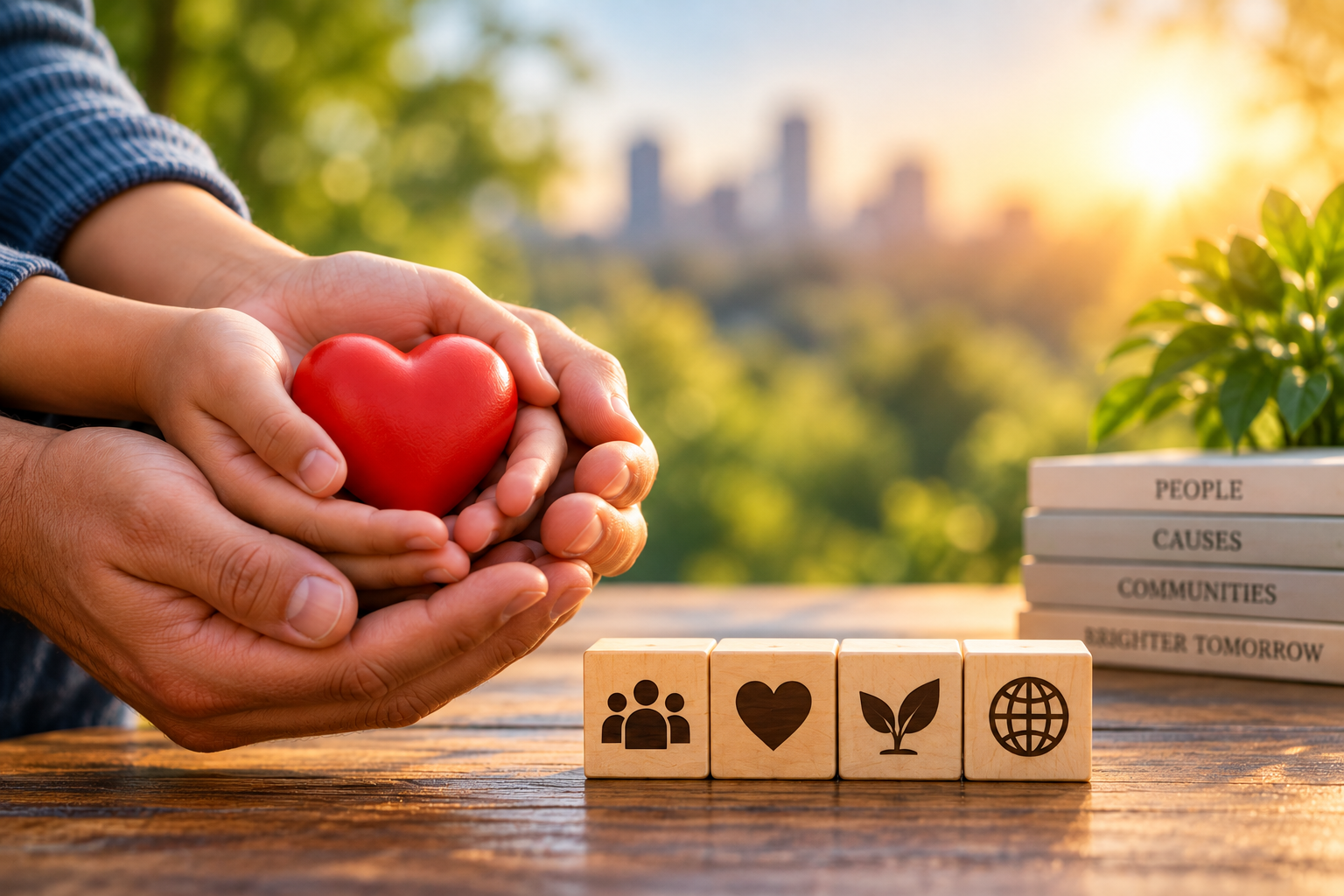 Adult and child hands holding a heart with community and growth symbols, representing charitable giving and support for meaningful causes.