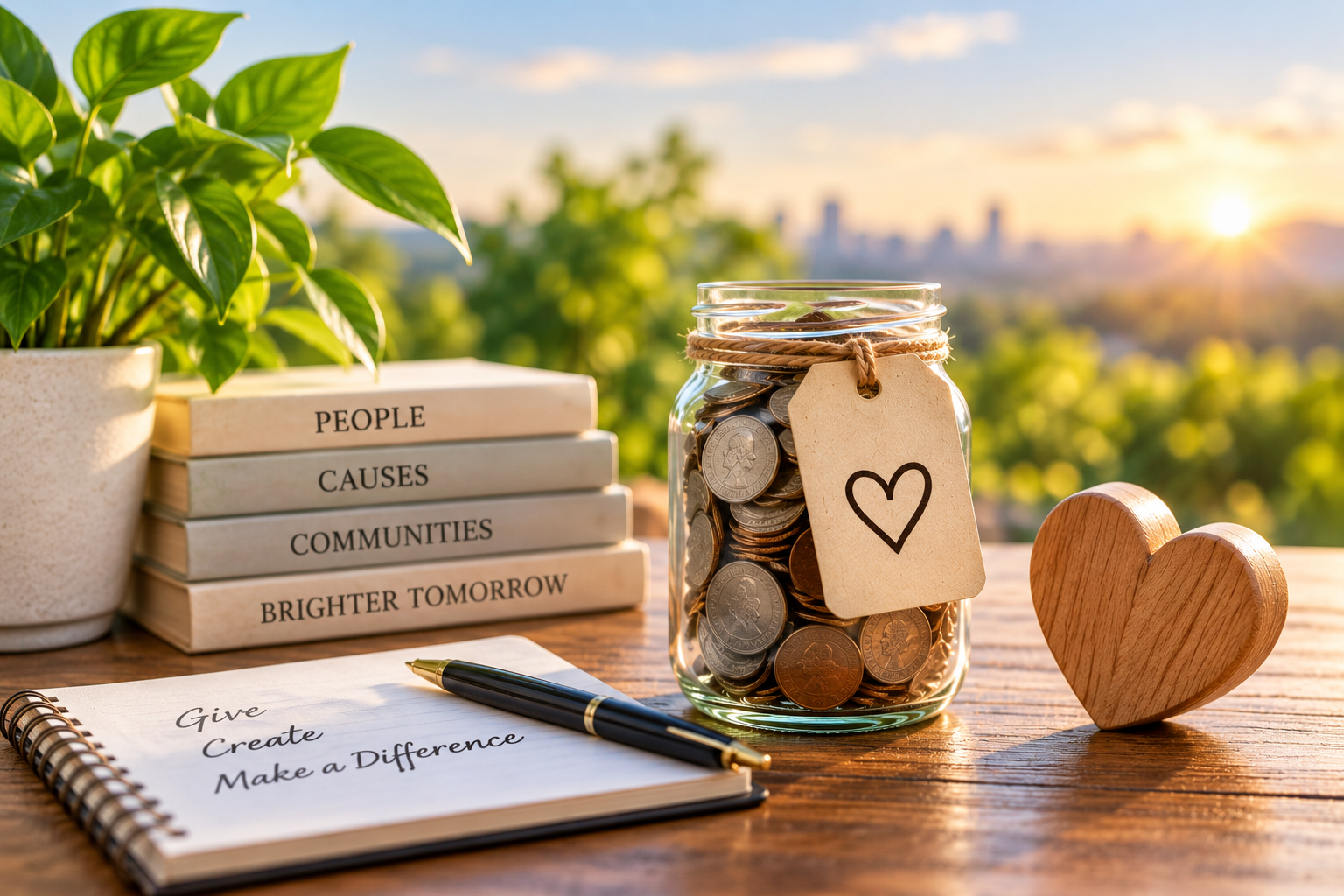 Charitable giving jar with coins and planning materials, representing donor-advised funds, charitable foundations, and strategic philanthropy.