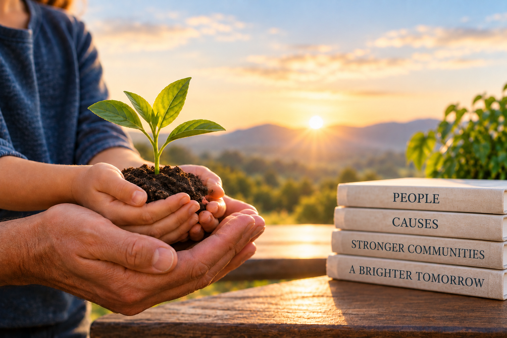 Adult and child hands holding a young plant at sunset, representing philanthropy, generosity, stronger communities, and a brighter future.