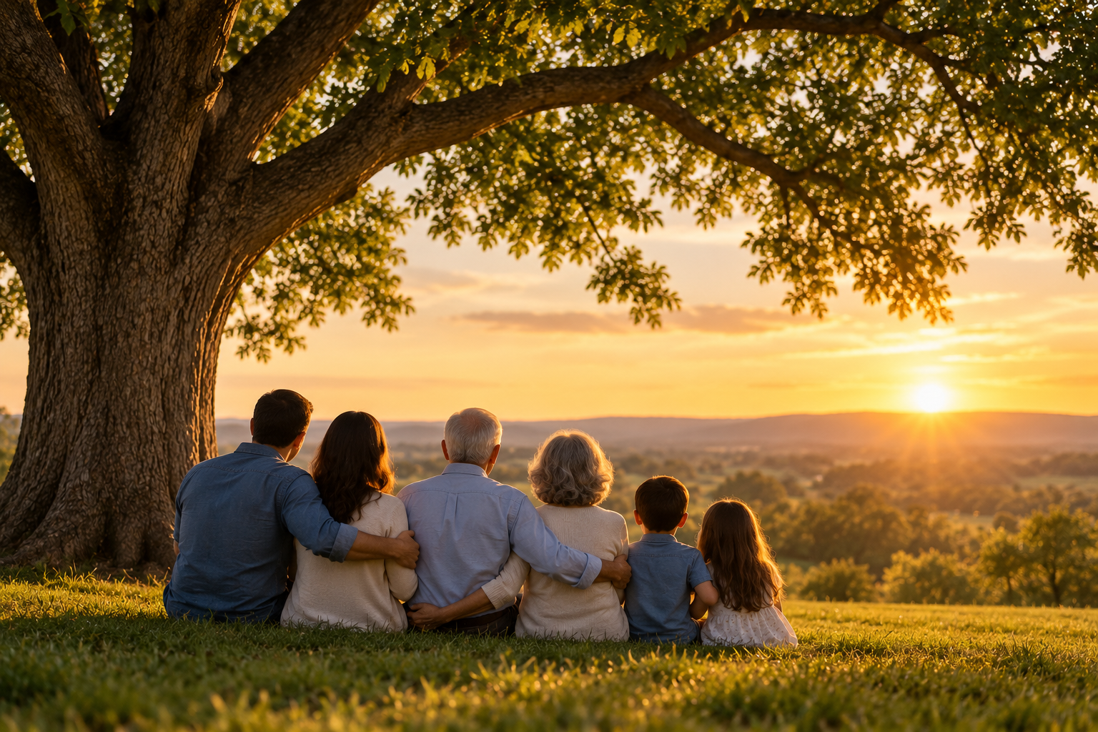 Family together beneath a large tree at sunset, representing multigenerational philanthropy, charitable legacy, and values passed to future generations.