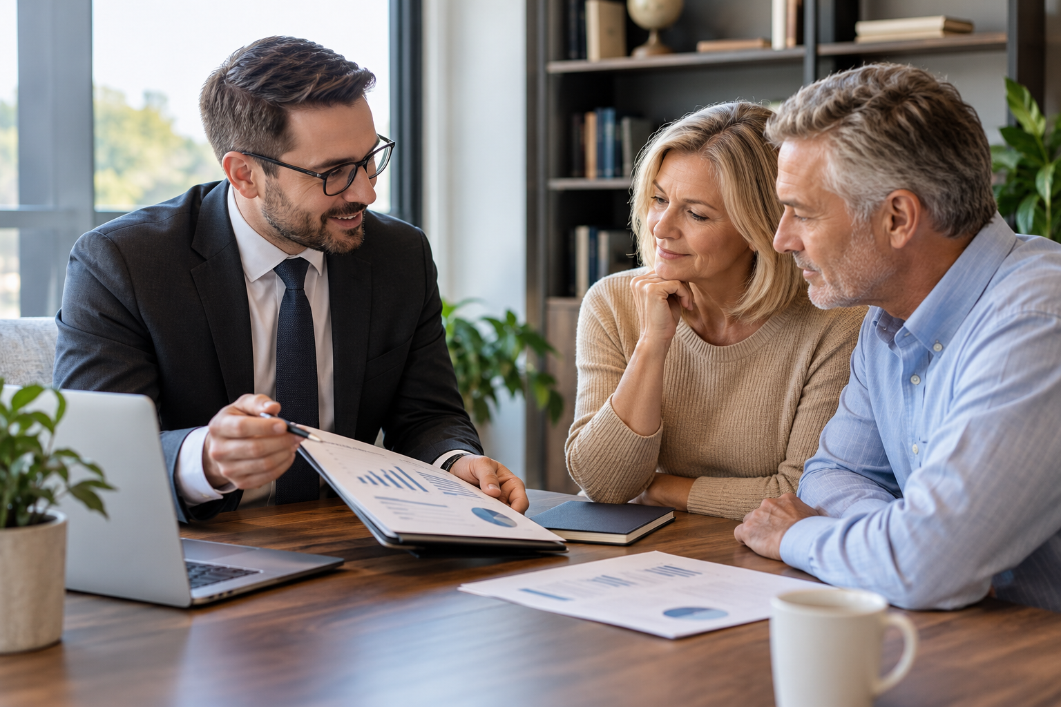 Financial advisor reviewing investment and financial planning information with a couple, representing personalized financial guidance and long-term wealth planning.