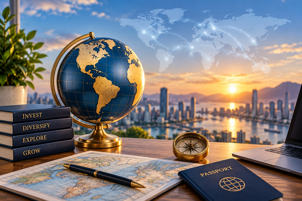 Globe, world map, compass, and international planning materials overlooking a global city skyline, representing global wealth opportunities and international investing.
