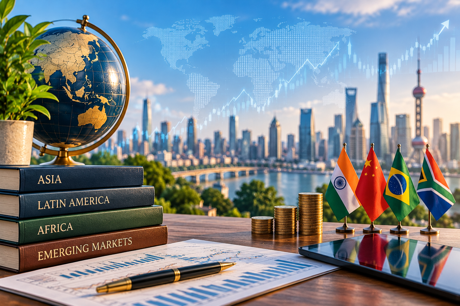 Globe, emerging-market country flags, financial charts, and growing coin stacks overlooking a global city skyline, representing emerging markets and international investment opportunities.