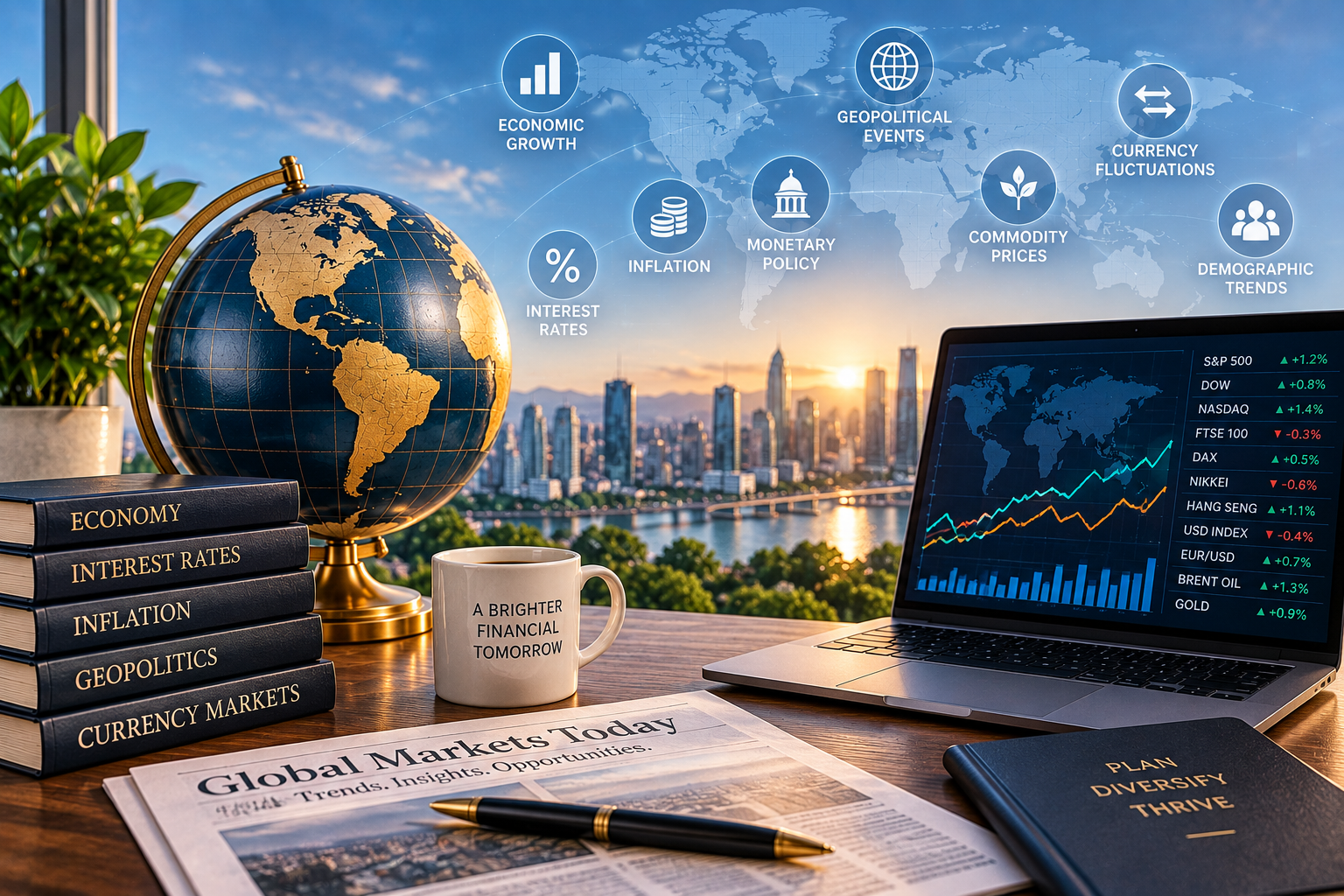 Global financial workspace with market charts, globe, and economic indicators representing interest rates, inflation, monetary policy, geopolitical events, and other factors affecting wealth.