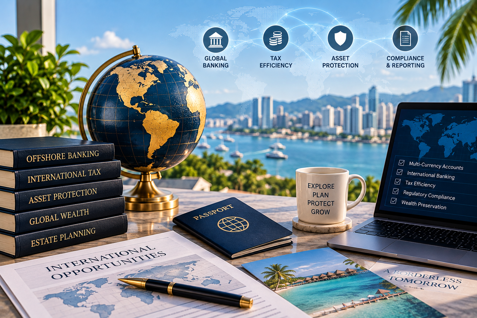 Global banking workspace with globe, passport, financial documents, and compliance tools representing offshore banking, international investing, tax considerations, and regulatory reporting.