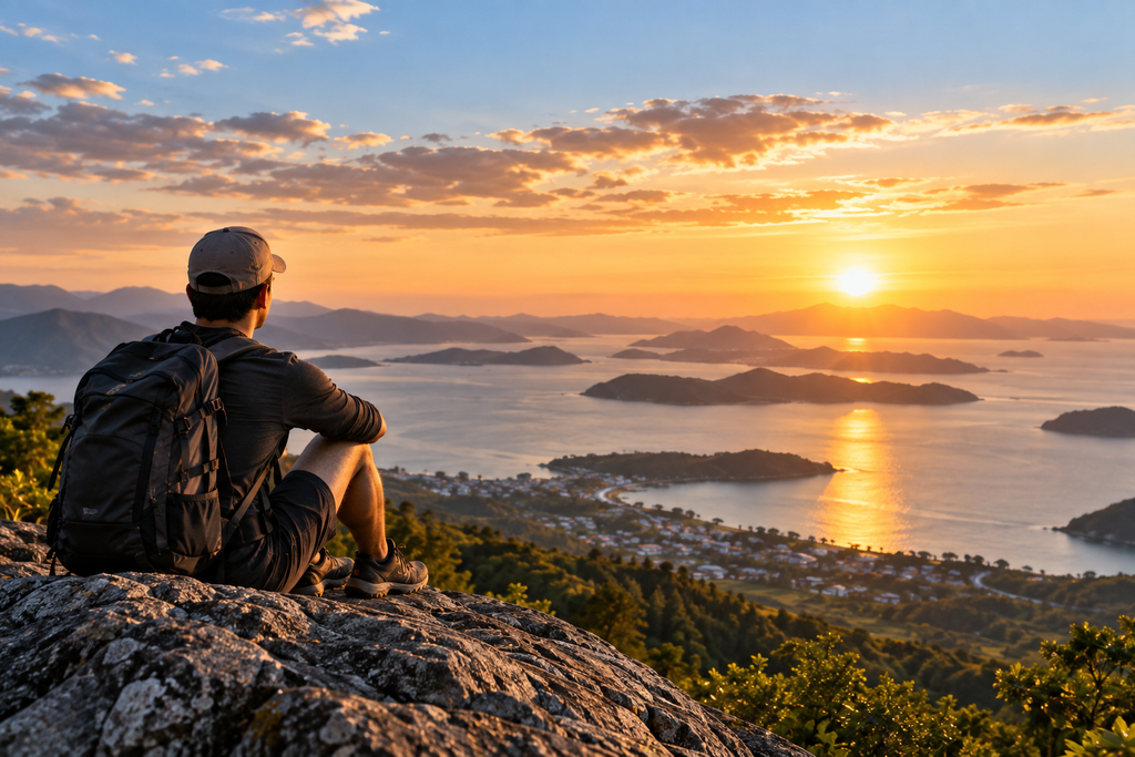 Hiker overlooking a coastal landscape at sunset, representing financial independence, freedom, and the ability to live life on your own terms.