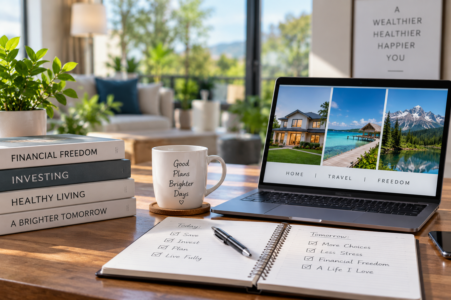 Financial planning workspace with a laptop, notebook, and investment materials representing financial independence, lifestyle flexibility, and long-term financial freedom.