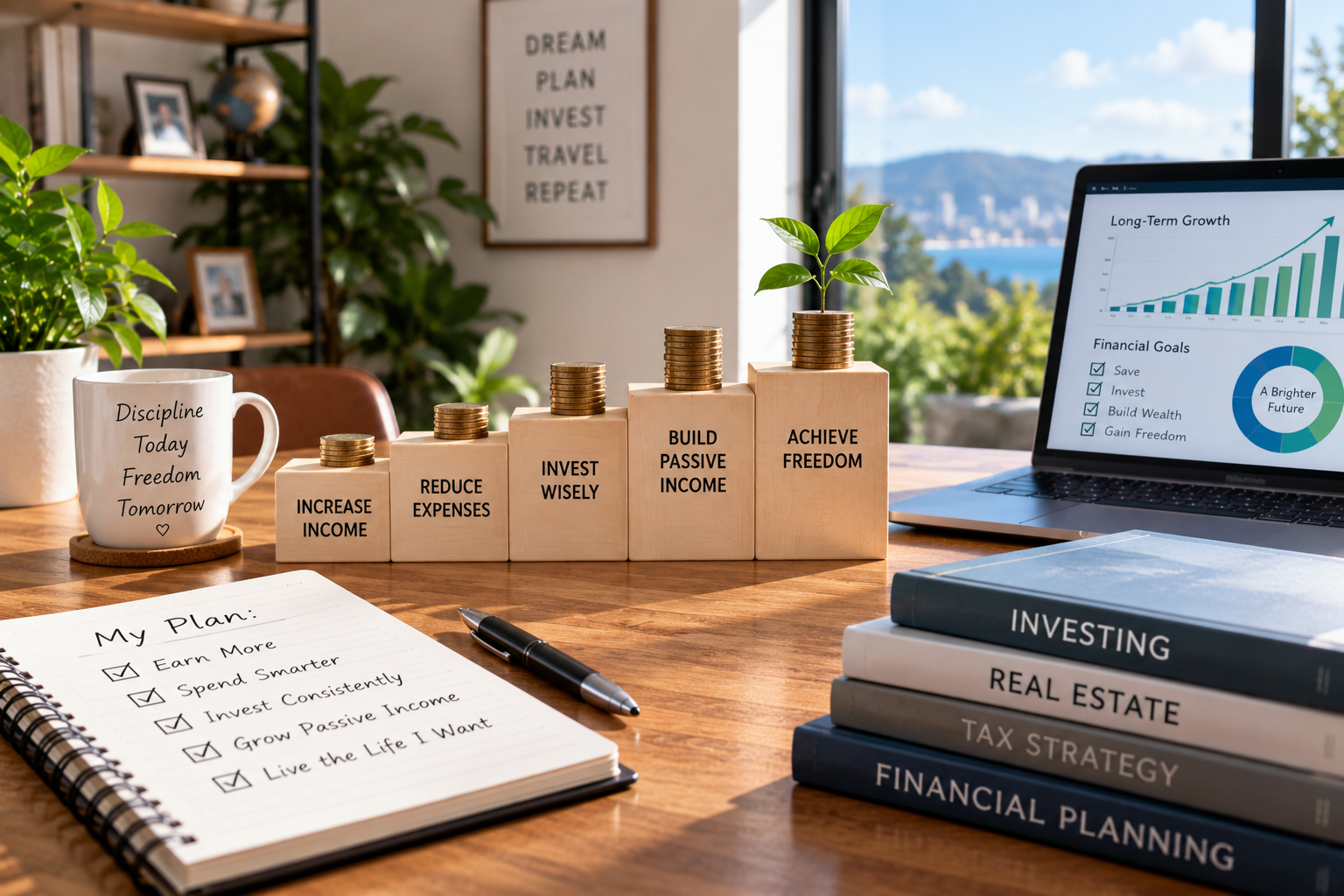 Financial planning workspace with rising investment steps, growing savings, and financial goals representing strategies for achieving financial independence.