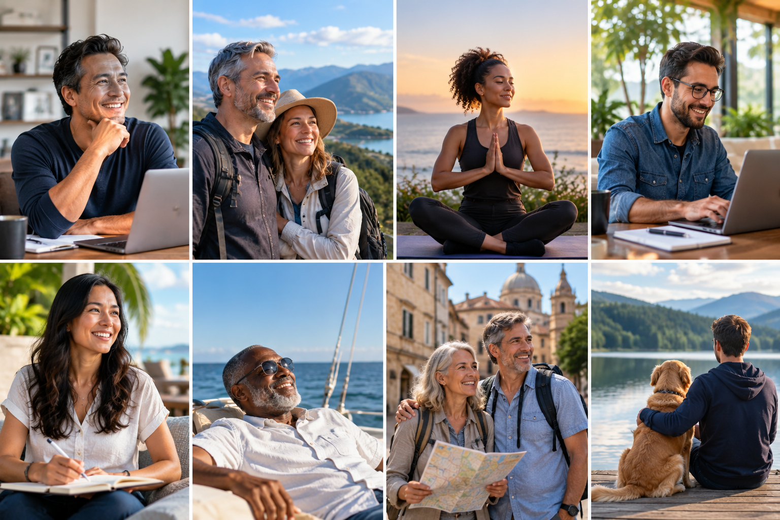 Diverse individuals enjoying work, travel, wellness, and leisure activities, representing different paths to financial independence and freedom.