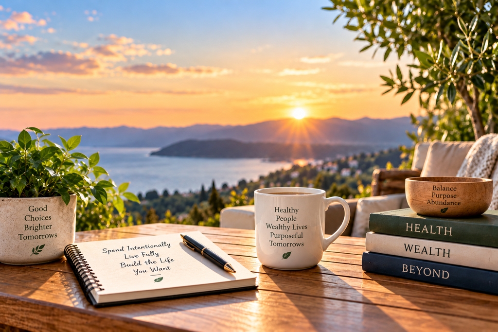 Sunlit terrace overlooking a peaceful coastal landscape with a journal, coffee mug, plants, and books representing intentional spending, balance, wealth, health, and purposeful living.