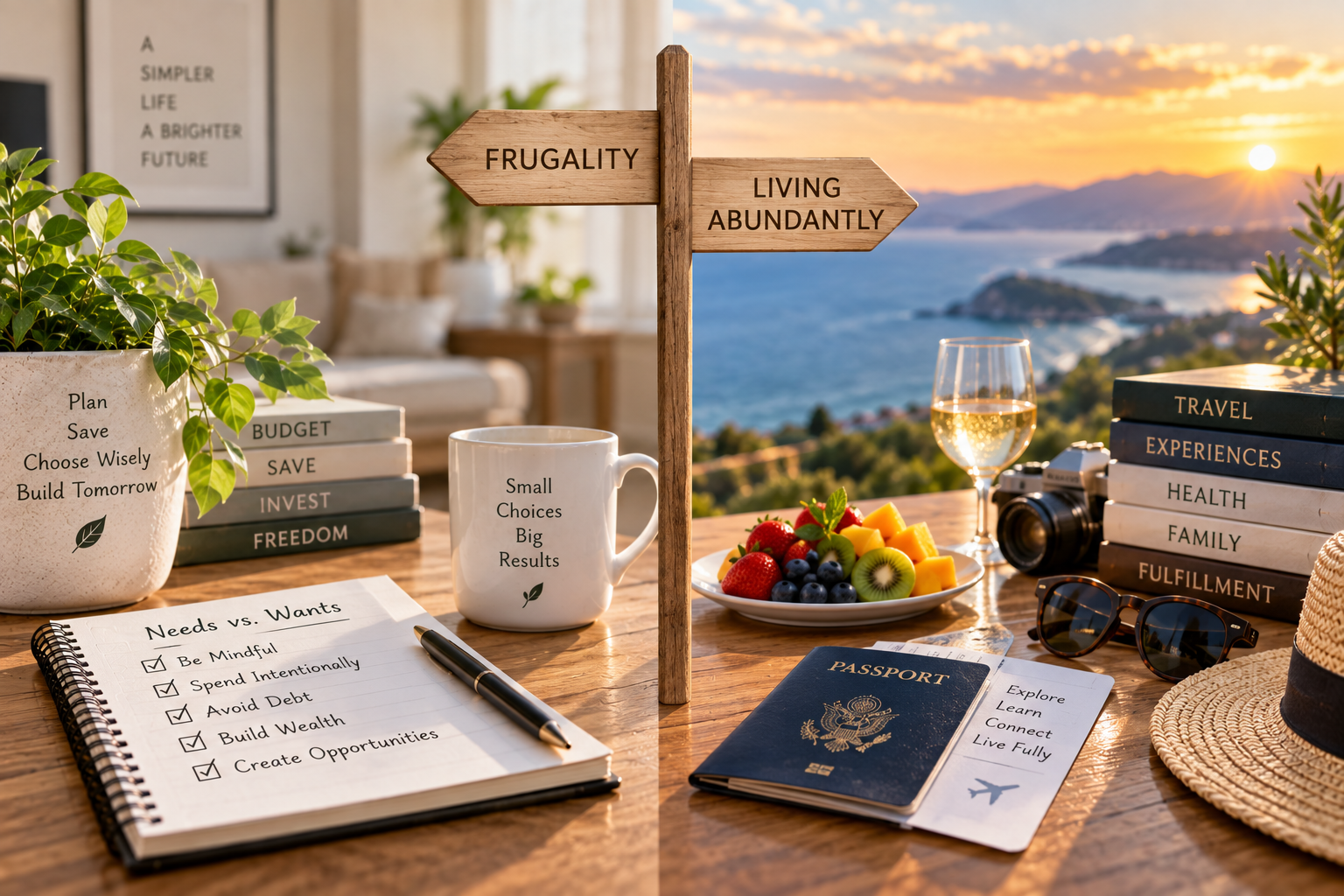 Balanced lifestyle scene contrasting mindful frugality with abundant living through saving, investing, travel, meaningful experiences, health, family, and personal fulfillment.