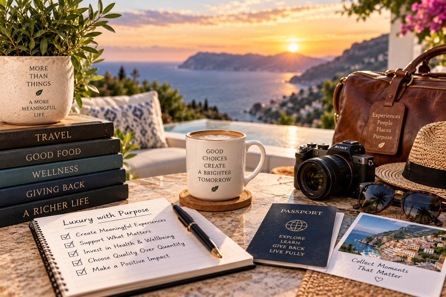 Purposeful luxury lifestyle scene featuring meaningful travel, wellness, quality experiences, and intentional spending overlooking a scenic coastal destination.