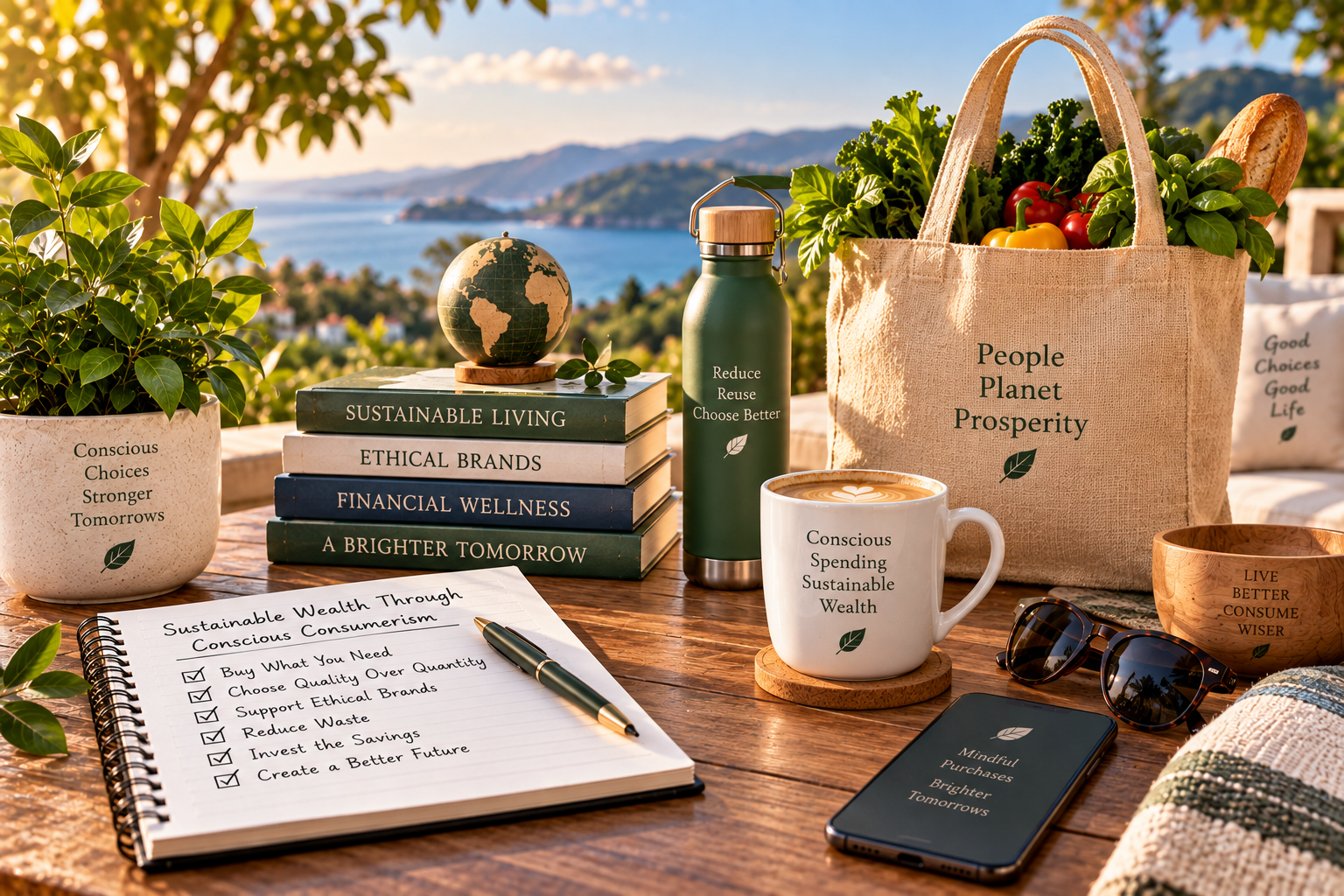 Sustainable lifestyle scene featuring conscious spending, ethical brands, reusable products, mindful consumption, and choices that support long-term financial and environmental well-being.