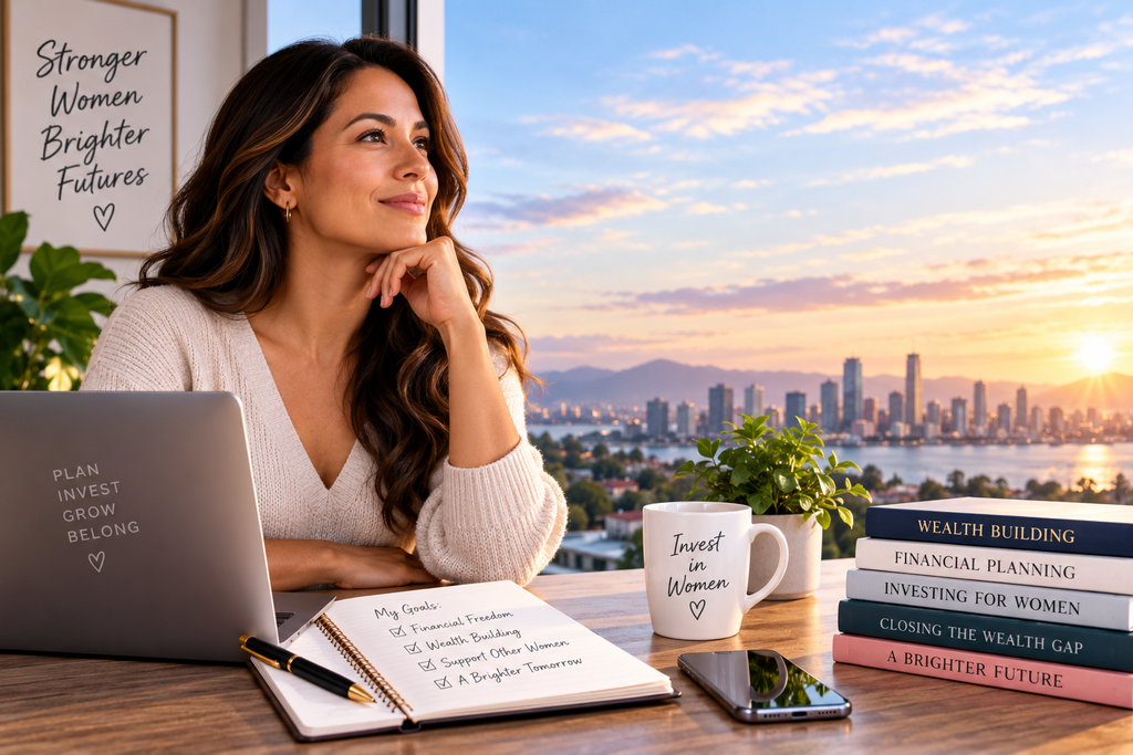 Woman planning her financial future at a desk with investment resources, financial goals, and a city skyline, representing women’s financial empowerment, investing, and wealth building.