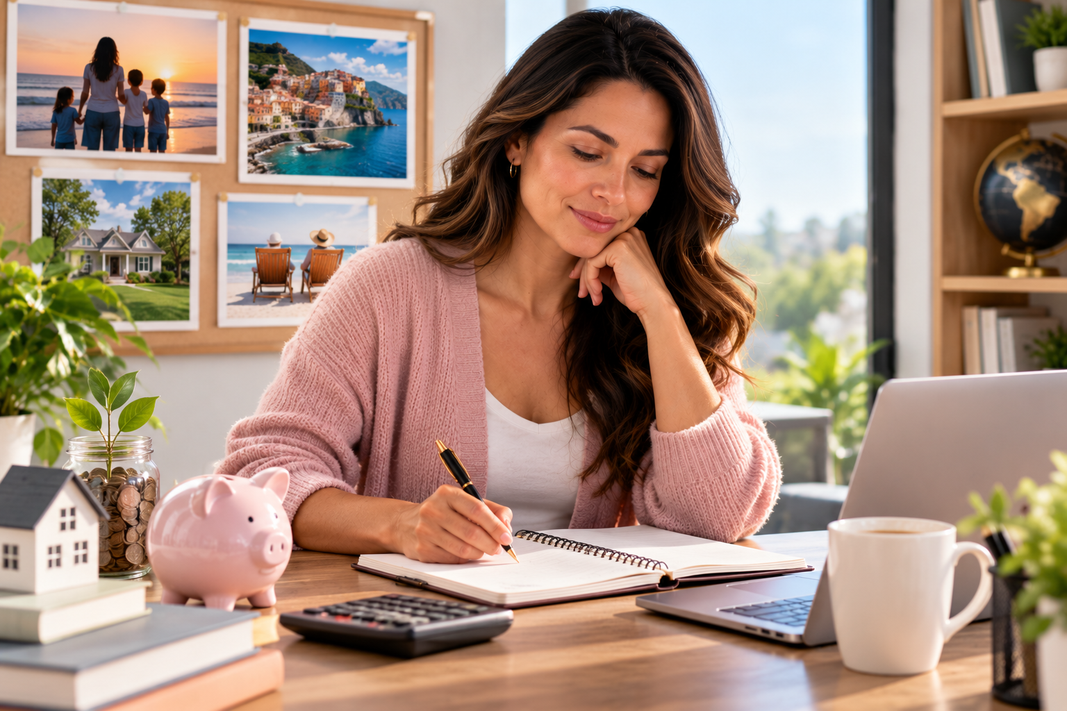 Woman creating a financial plan at a home-office desk with a savings jar, piggy bank, house model, calculator, and vision board representing family, travel, homeownership, and retirement goals.