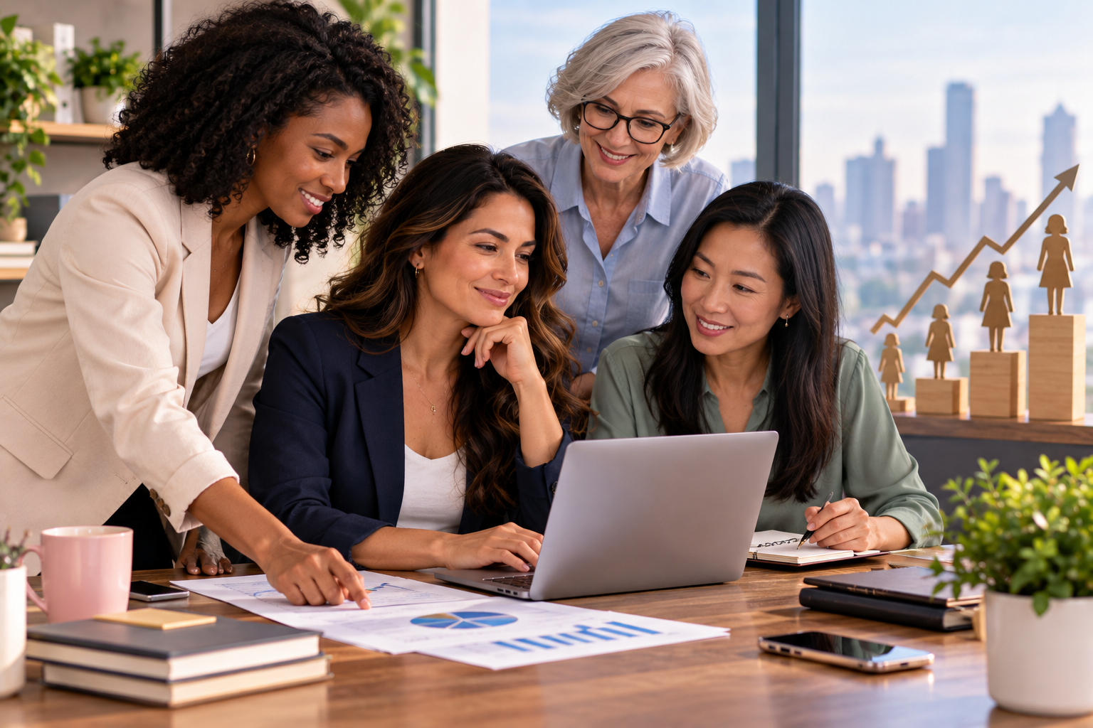 Diverse group of professional women collaborating on financial planning and investments, with rising growth symbols representing progress toward closing the gender wealth gap.