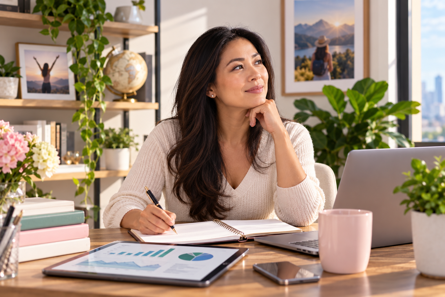 Woman reviewing investment charts and financial goals in a bright home office, representing confidence, financial education, investing, and long-term wealth building.